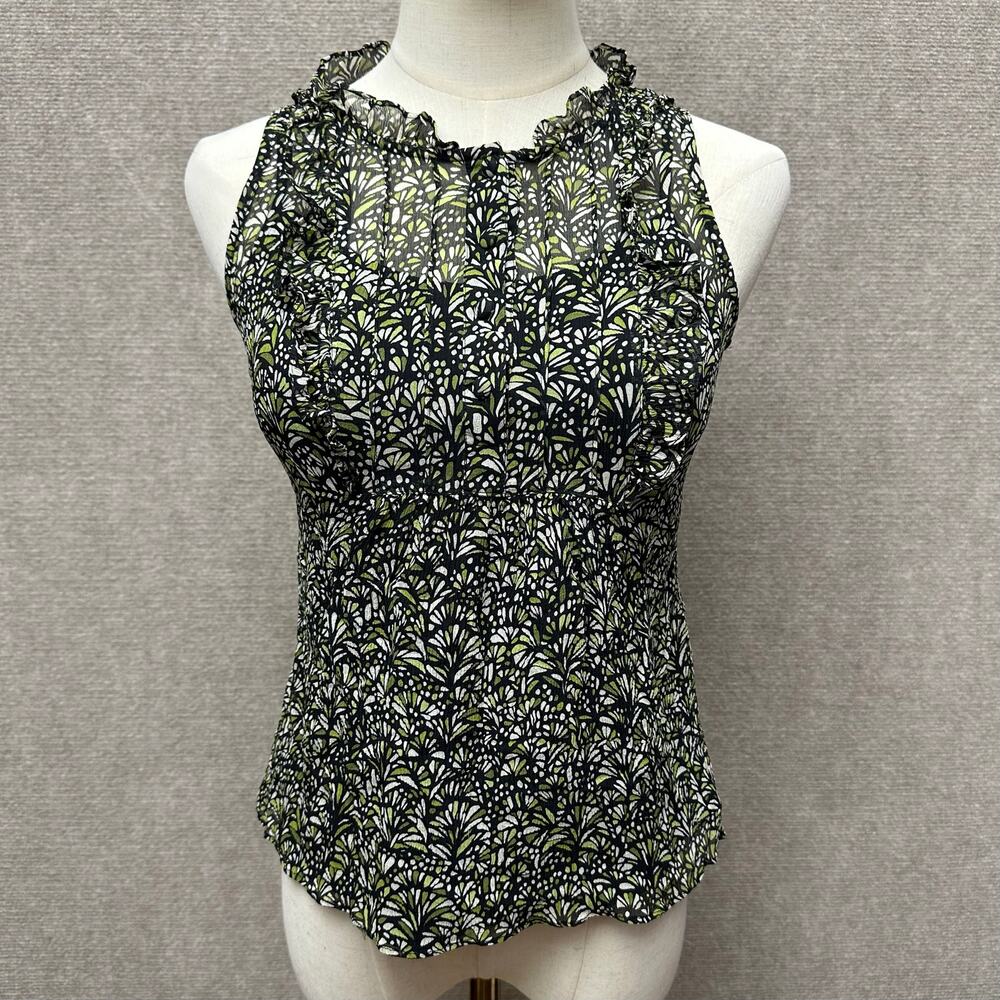 Women’s Vintage 00 Petite SILK Sleeveless Y2K Micro Mesh Top Lettuce Trim Ruffle